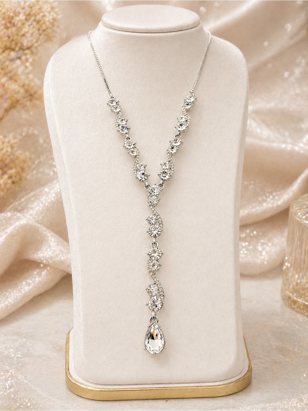 Givenchy Crystal Y-Drop Necklace Silver Tone - Picture 2 of 7